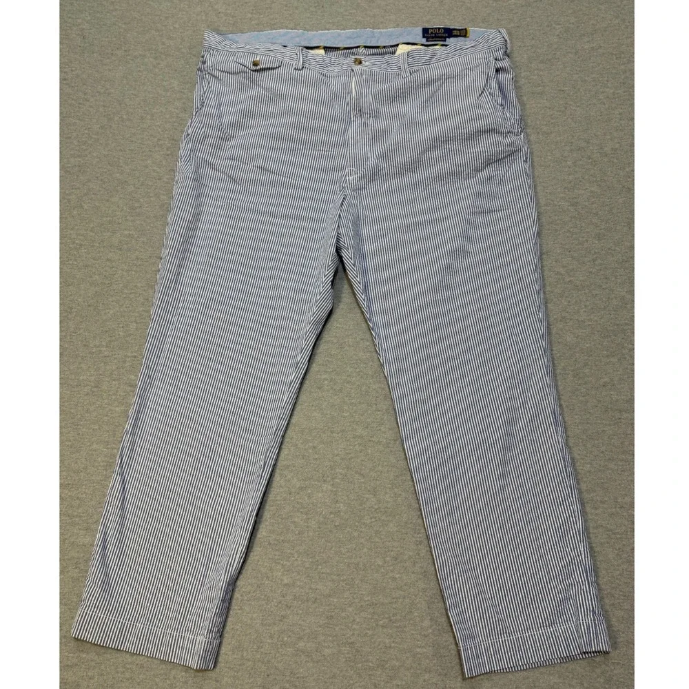 Polo Ralph Lauren Mens 44Bx30 Blue White Seersucker Stripe Stretch Classic Pants